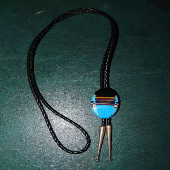 44" BOLO TIE BLACK LEATHER STONE INLAY Vtg