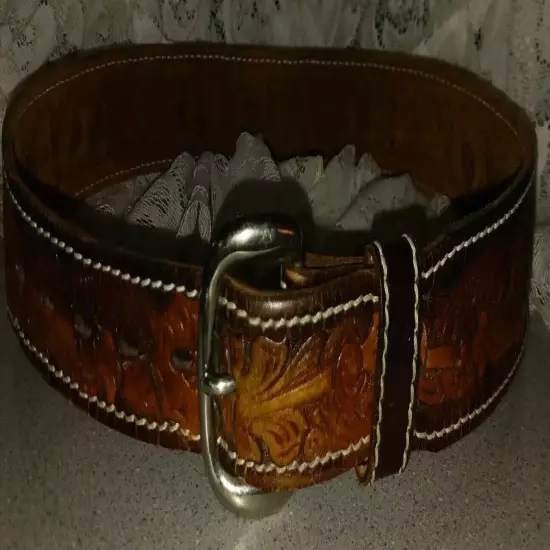 Nice Western Genuine Leather Belt Floral Hand Tooled ~ Removable Buckle Sz 28-33