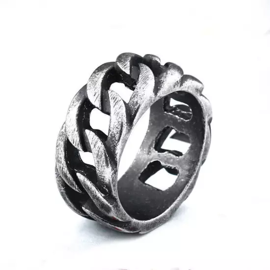 Vintage Gray Curb Chain Wedding Band Ring Stainless Steel Men's Biker Punk Ring