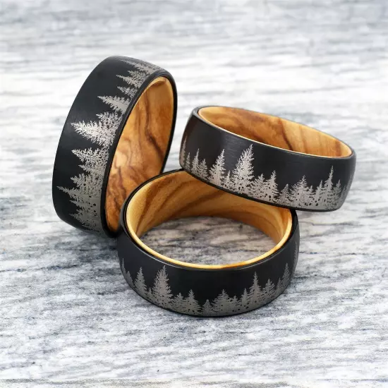 8mm Tungsten Carbide Men's Black Forest Tree Scene Olive Wood Wedding Band Ring