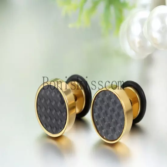 Mens Stud Earrings Stainless Steel Illusion Tunnel Plug Screw Back Carbon Fiber