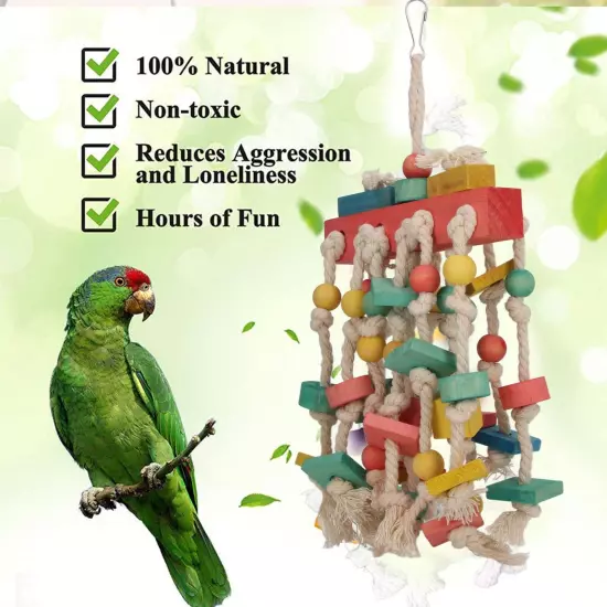 Parrot Chewing Toy Colorful Wood Blocks Bird Bite Toy with Hanging Hook