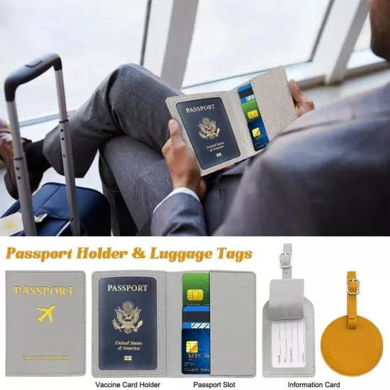 Leather Passport Holder and Luggage Tag Set Travel Passport Cover Document Case