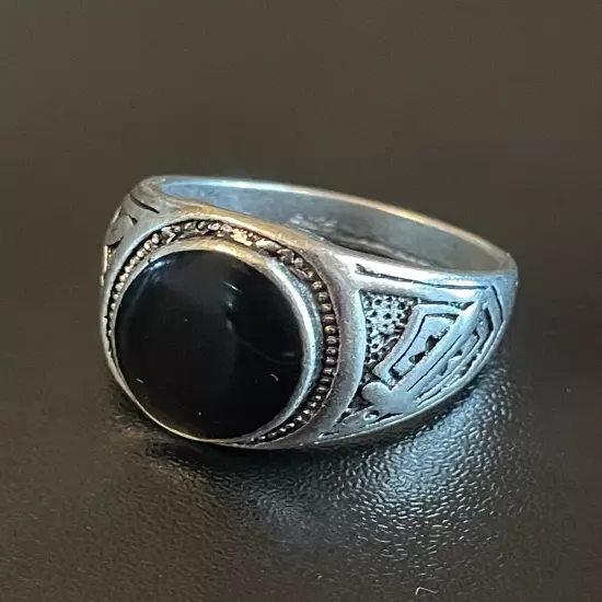 Natural Oval Black Obsidian S925 Antique Silver Men Statement Ring Size 8.5