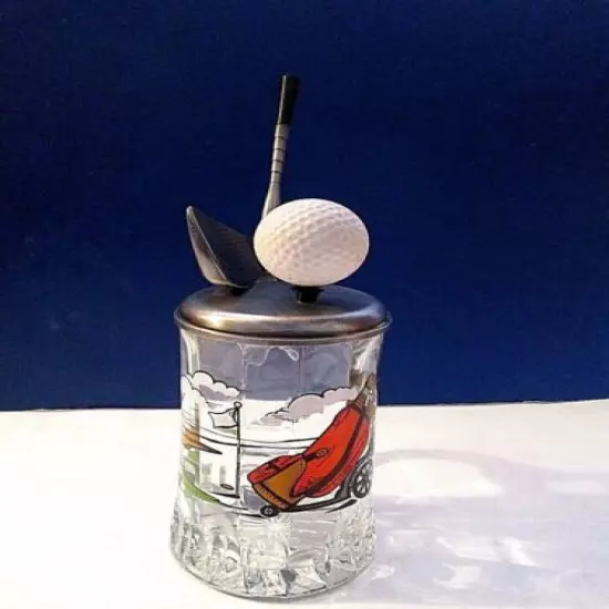 VINTAGE GERMAN BMF GLASS STEIN ~GOLF THEME~ Pewter Lid + MOUNTED CLUB & BALL-WOW