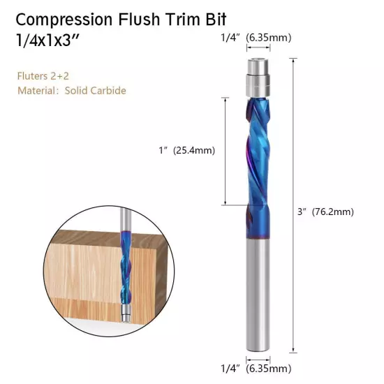 1/4" Shank Flush Trim Router Bit Solid Carbide UP/DOWN Compression Bit Nano-Blue