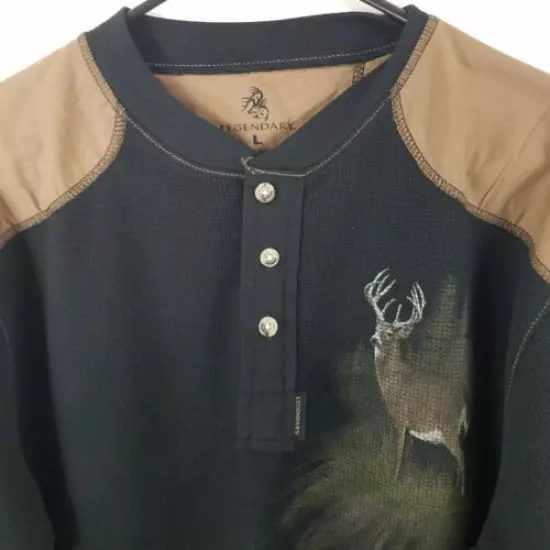 Legendary Size L Thermal Henley Shirt Button Long Sleeve Black Whitetail Deer