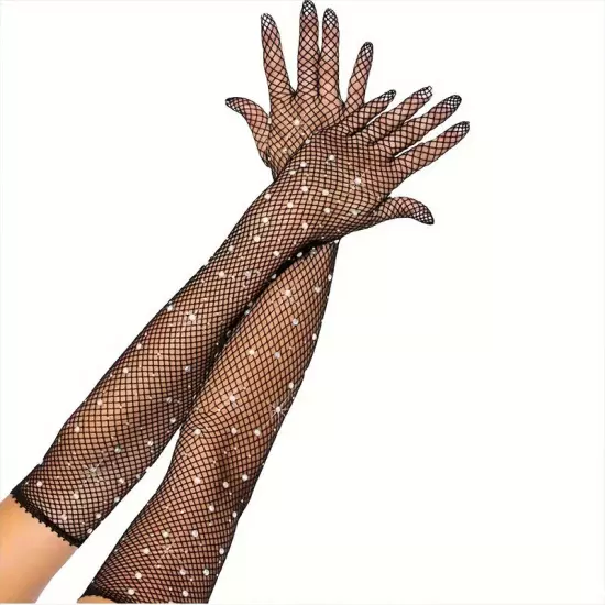 Fishnet Long Gloves Women Rhinestones Gloves Mesh Wrist Arm Gloves Dance Gloves