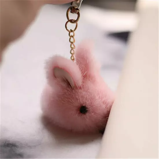 Real Mink Fur Rabbit Bunny w Rhinestone Feet Keychain Bag Pendant Charm Keyring