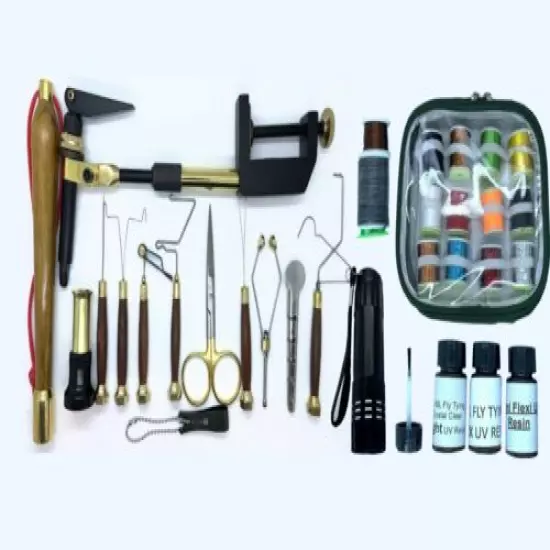 Pacific Fly Tying Kit with Tools, Materials in a Bag, Vise, Thread, Glue, Torch