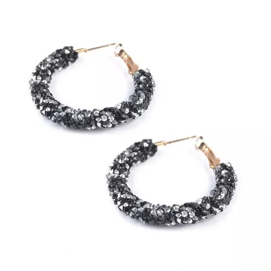 Sparkly Black White Fire Statement Hoop Fashion Shiny Shinny Crystal Earrings