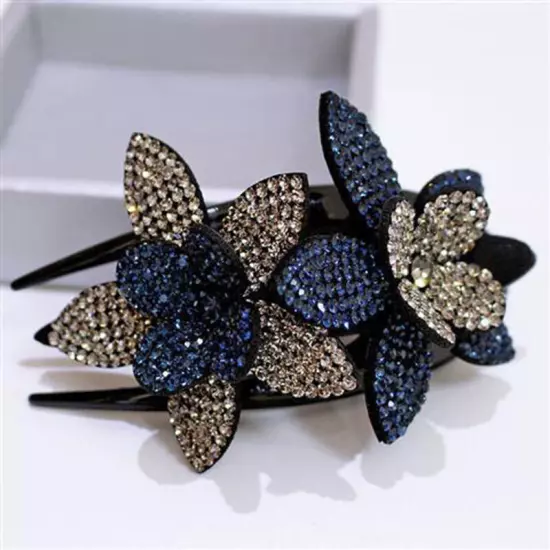 Ladies Rhinestone Double Flower Hair Clip Barrettes Crystal Comb Large Catch 1x-