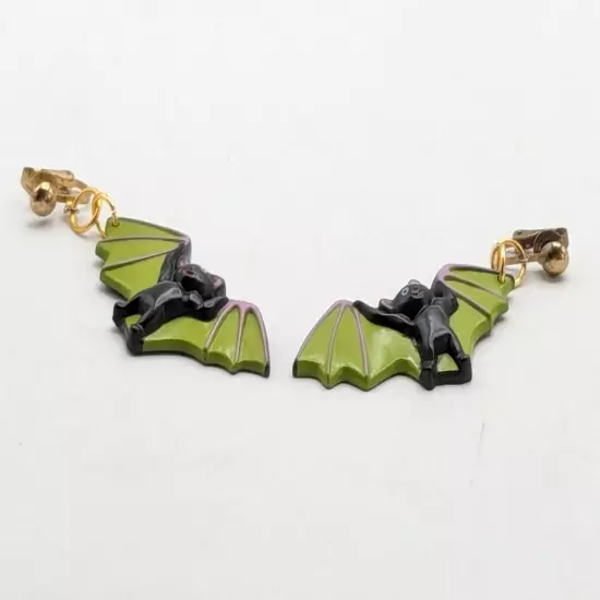 Spooky Cute Bat Clip On Earrings Green Wingspan Halloween