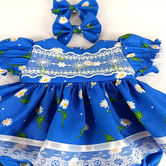 Cabbage Patch 16" Doll Daisies on Royal Blue Dress Matching Bloomers 2 Hair Bows