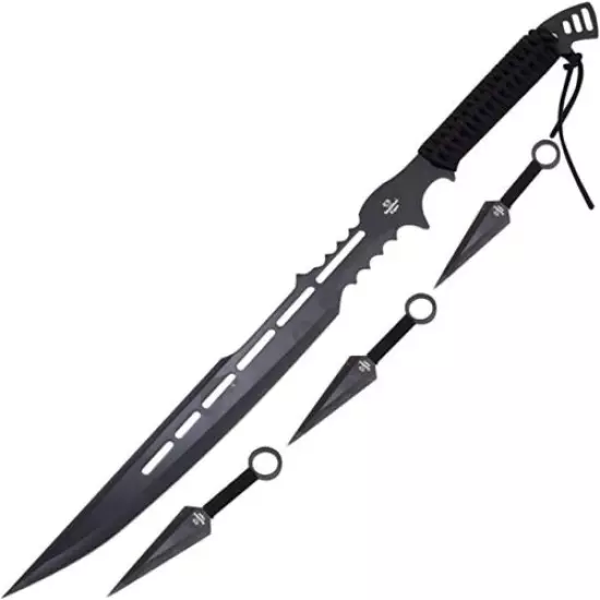 Snake Eye Tactical Black Ninja Sword and 3pc Throwing-Knife Set w/ Nylon-Sheath