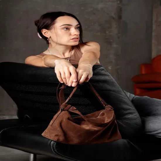 Brown Small Suede Tote Bag Crossbody Hobo Handbag Handmade Underarm Purse