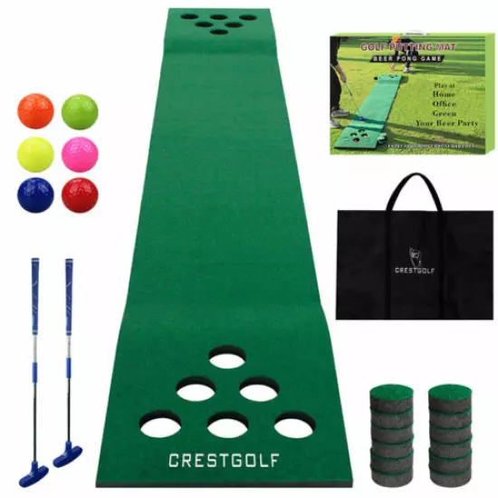 Golf Pong Mat Game Set Green Mat,Golf Putting Mat with 2 Putters, 6 Golf Balls