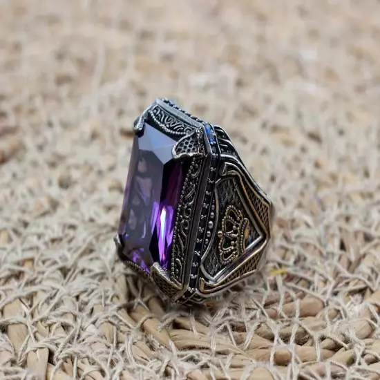 Natural Amethyst Purple Color Rectangle Ct 925 Sterling Silver Gemstone Ring-89