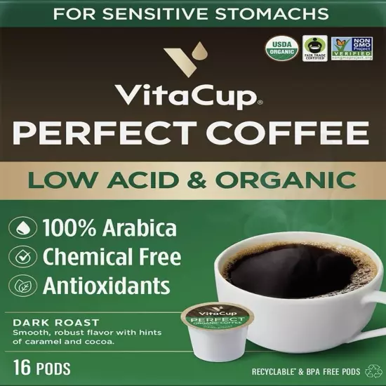 VitaCup Perfect Low Acid Coffee Pods, 16 Count