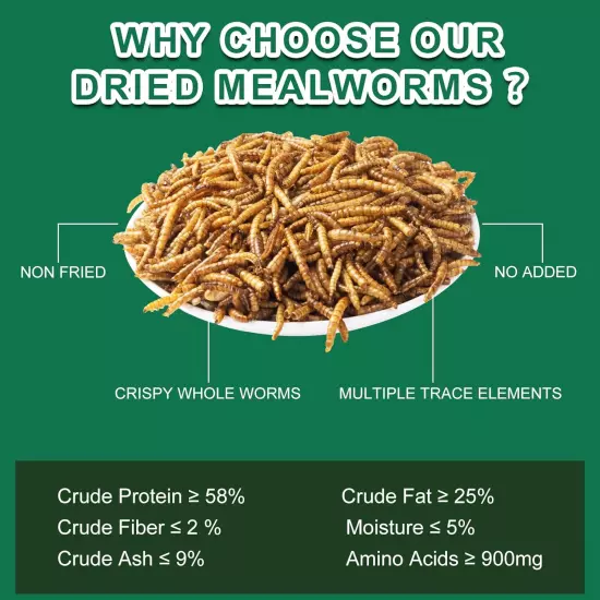 Dried Mealworms Reptile Food 100% Natural - High Protein Pet Meal Worms Food for