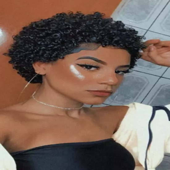 Short Black Afro Curly Human Hair For Women Machine Made None Lace Full Wig Sexy