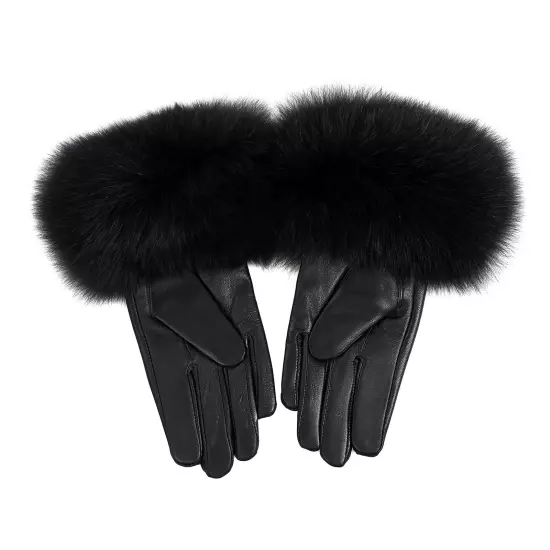 Women Genuine Lambskin Leather Gloves With Real Fox Fur Trim Cuff Winter Warm