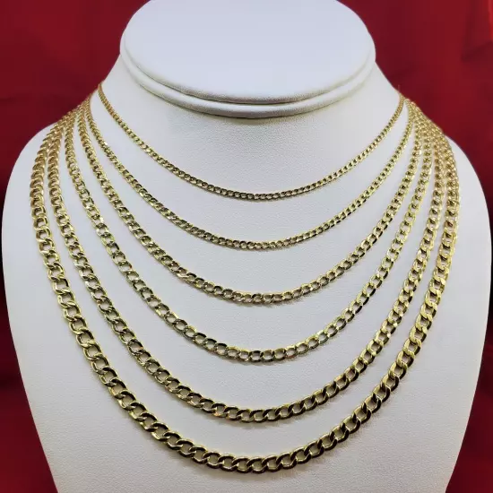 10K Solid Yellow Gold 2mm-7.5mm Curb Cuban Chain Link Necklace Bracelet 7"-30"