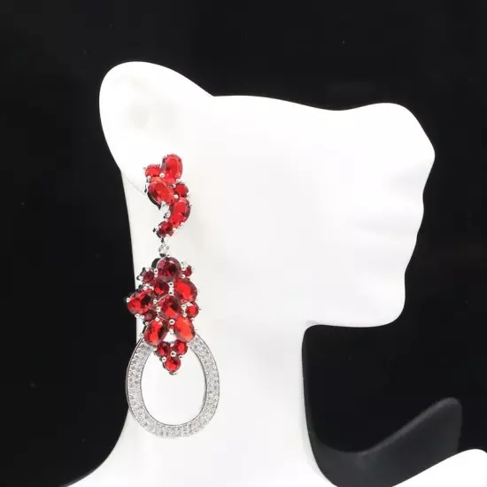 Unique Big Size Red Blood Rubies White CZ Gift For Girls Silver Earrings 