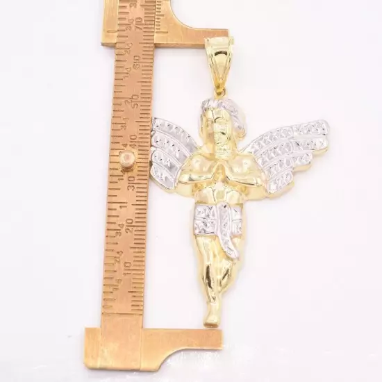 Praying Angel Charm Pendant Diamond Cut Real 10K Yellow White Two-Tone Gold