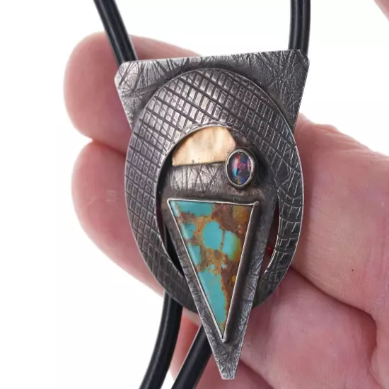 Retro Modernist Sterling 14k gold Turquoise/Opal bolo tie