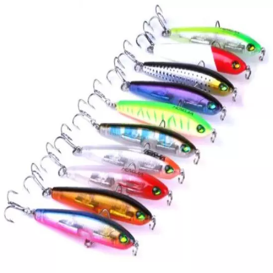 10pcs Pencil Hard Bait Topwater Popper Crankbait Fishing Lure Trout 7.5cm/9g