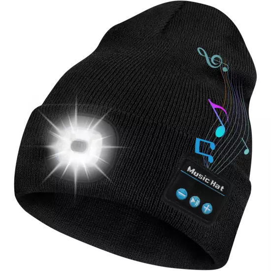 Bluetooth LED Beanie Hat with Music Speakers Mic Rechargeable Cap Head Lamp Gift