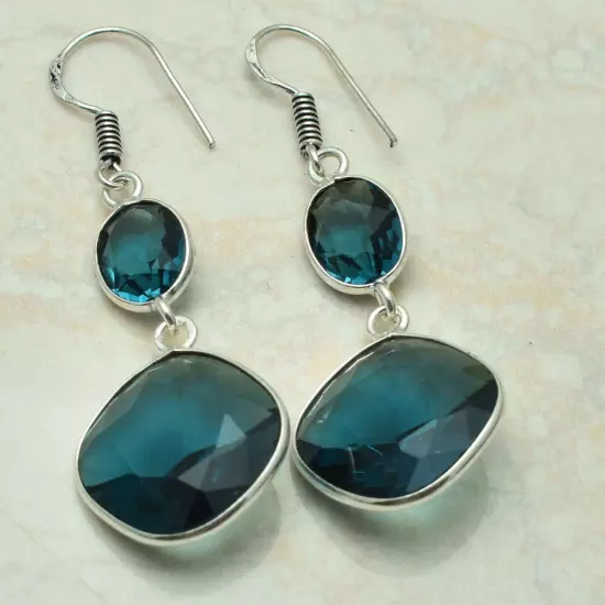 Blue Topaz Gemstone Handmade Drop Dangle Earrings Jewelry 1.84" AE-59687