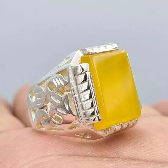 Aqeeq Akik Hakik Bague - Handmade Natural Yellow Yemeni Aqeeq Ring, Stunning Des