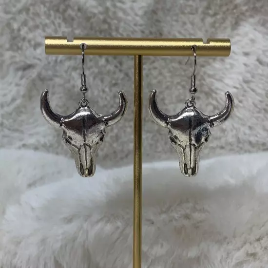 New Cowboy Boho Steer Longhorn Bull Silver-tone Pierced Earrings 2” Long Drop 