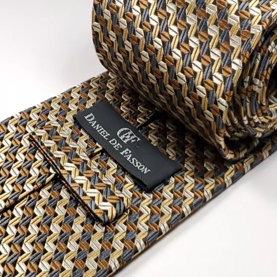 DANIEL DE FASSON Handmade 100% Silk Tie Mens Brown Gold Silver Black Necktie NEW