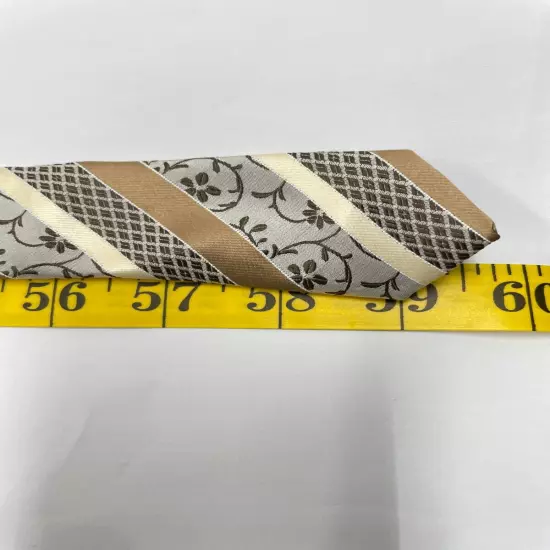 Hi-Tue Gold Beige Floral Paisley and Striped Repp Silk Tie 3" x 59"