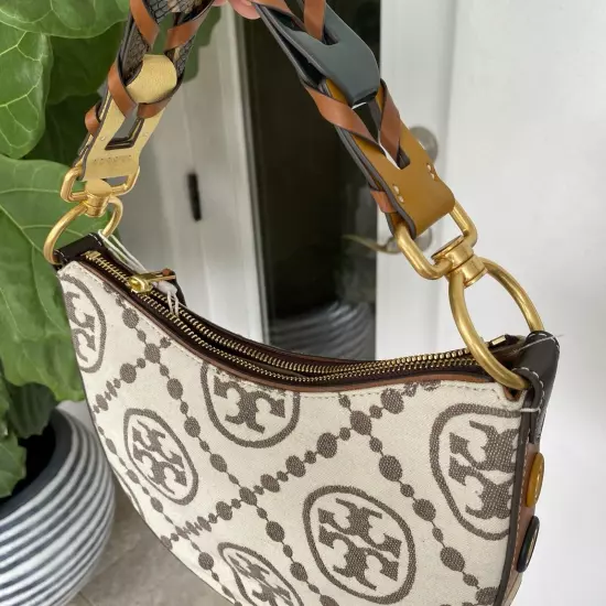 Tory Burch Ivory T Monogram Small Crescent Bag Shoulder Purse Crossbody $598