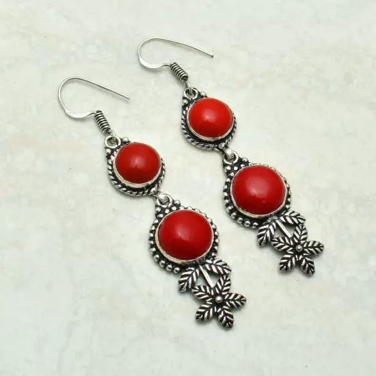 Coral Handmade Drop Dangle Earrings Jewelry Anniversary Gift 2.48" AE-53374