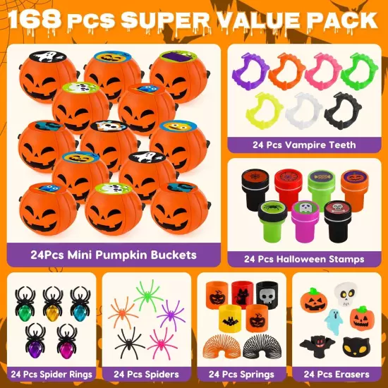 168 PCS Halloween Toys, 24 Pack Prefilled Pumpkin Box, Halloween Party Favors...