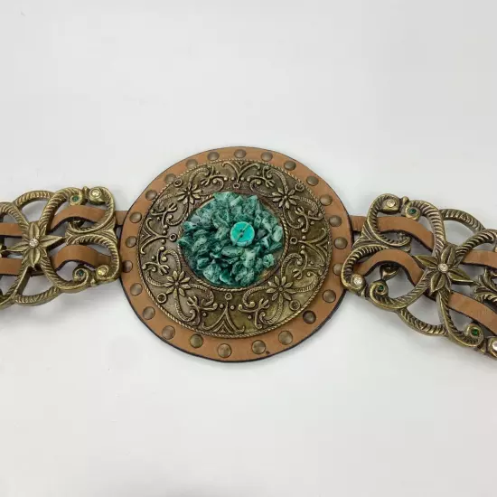 Chico's Brown Leather Belt Faux Turquoise Long Fringe Tie Size M/L Brass Accents