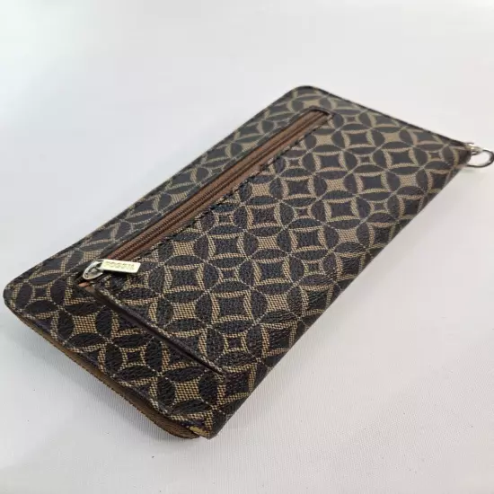 Fossil Clutch Wallet Zip Around Brown Leather Geometric Pattern