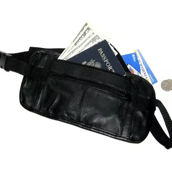 Black LEATHER FANNY BAG Waist Safe Money Belt Holder Bag