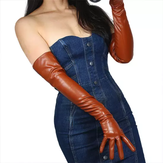 DooWay OPERA LONG LATEX GLOVES Faux Leather PU Stretchy 24-inch Brown Women E...