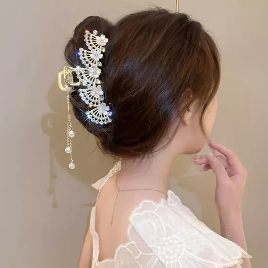 Large Rhinestone Hair Claw Pearl Flower Tassels Fan-shaped Metal Ponytail Clip