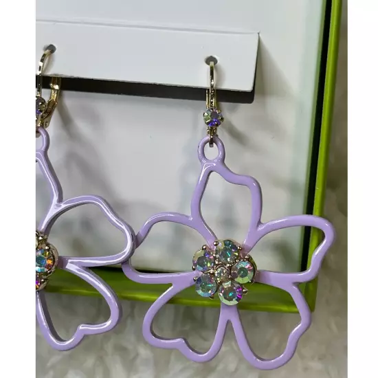 Betsey Johnson Gold Tone Pastel Purple Open Frame Flower Show Drop Earrings NEW