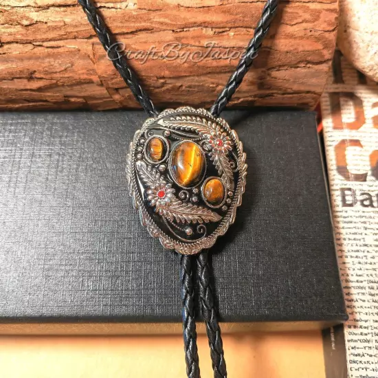 Flower Grass & Tiger-eye Stone BOLO Tie Necklace Wedding Western Native American