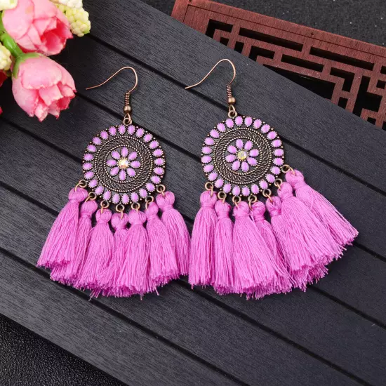 Fashion Women Bohemian Earrings Long Tassel Fringe Drop Dangle Ear Stud Jewelry