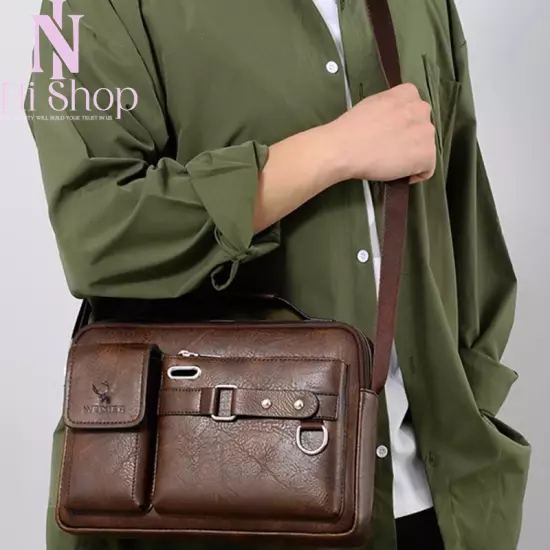 Men Messenger Bag Shoulder Briefcase Portable PU Leather Handbag Crossbody Brown