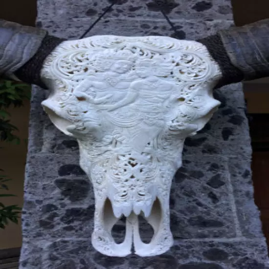 CARVED BULL SKULL Buffalo Skull Story RAMAYANA Carving buffalo longhorns steer